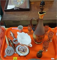 Tray of Decanter w/ 5 Glasses, other items