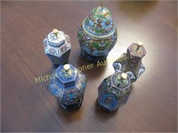 FIVE MINIATURE CLOISONNE VASES WITH STANDS