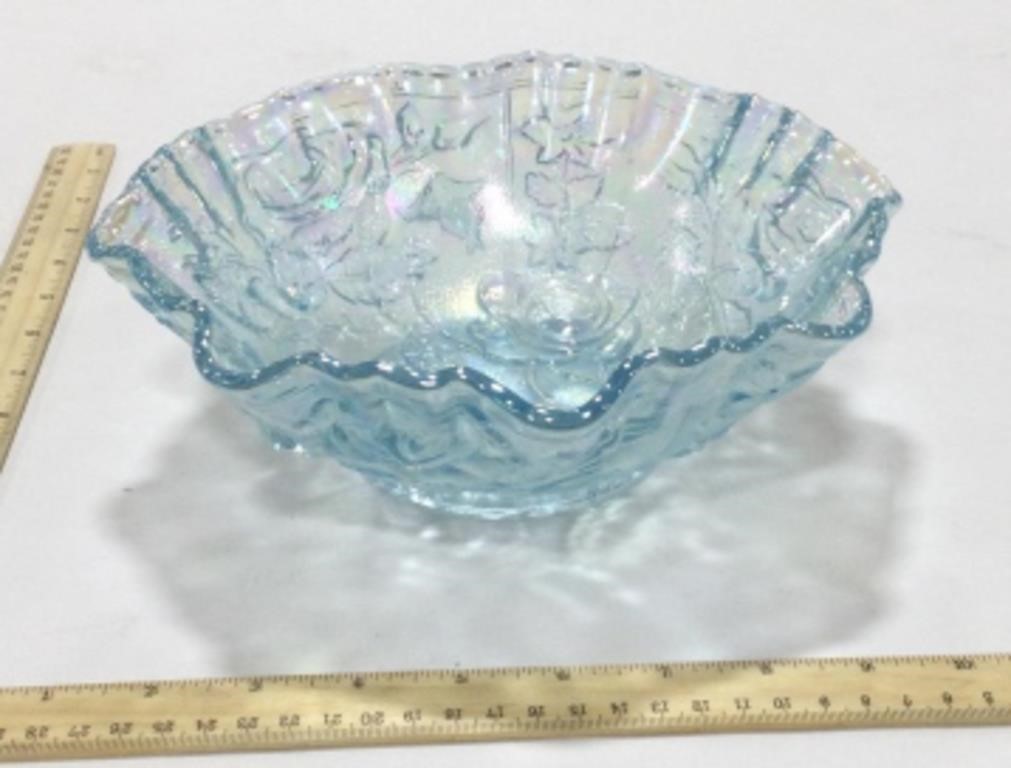 Blue carnival glass bowl