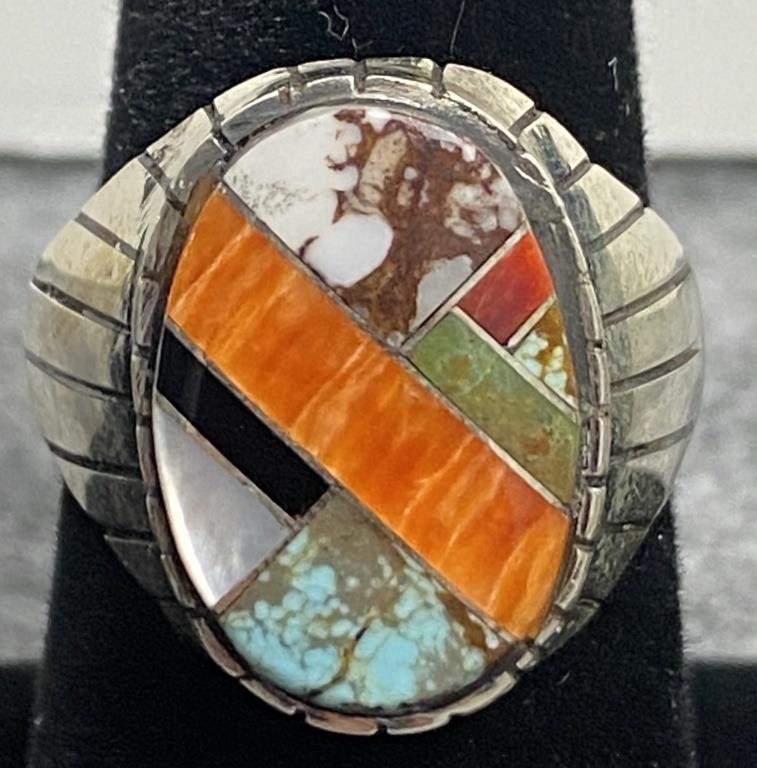 Mens Navajo Multi Stone & Sterling Ring Sz 10