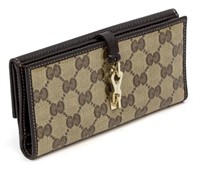 GUCCI MONOGRAMMED PATENT CANVAS & LEATHER WALLET