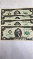 (4) uncirculated $2 bills w/ consecutive serial