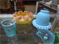 Fenton Custard Ruffle Bowl & Fairy Lamp & Blue Opa