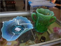 Blue Opalescent Victorian Bowl  & Green Opalescent