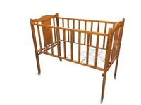 Antique Wooden Cradle on Wheels-Timber Infant Bed