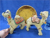 2 india stuffed camels & nice round weaved basket