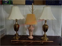 >3 vintage lamps - 2 brass & 1 porcelain.