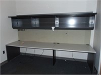 3 hanging cabinets with lights and 2 desks