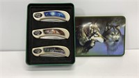 Set of 3 pocket knives with wolf pictures