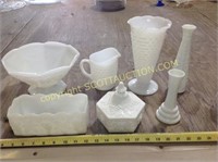 7 pcs white milk glass pieces decorative glassware