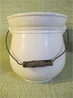 EARLY POTTERY POT W/ WOODEN HANDLE 9.75H 9.5W