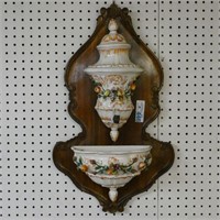 Early Italian Ceramic Wall Fountain w/ Wood Plaque