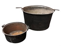Set of 2 Large Copper Pots with Iron Handles
