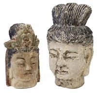 (2) CHINESE CARVED WOOD HEADS OF GUANYIN & BUDDHA