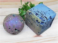 RAINBOW TITANIUM SPHERE AND CUBE ROCK STONE LAPIDA