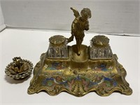 Antique Bronze French Double Inkwell With Cherub