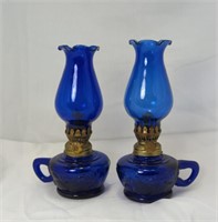 Vintage Pair Of Cobalt Blue Glass Finger Oil Lamp