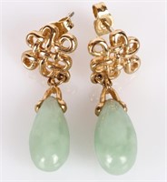 14K YELLOW GOLD SPINACH JADE DANGLE EARRINGS