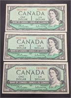 3 Consecutive 1954 Bank of Canada $1 Bank Notes