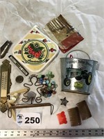 JOHN DEERE HALF BUCKET, MARBLES, THERMOMETER,OTHER