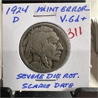 1924-D BUFFALO NICKEL SEVERE DIE ROTATION SC DATE