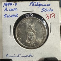 1944-S PHILIPPINES SILVER 50 CENT PC HIGH GRADE