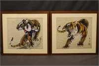 Pair of Tigers Painted on Silk