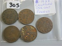 5 Canadian 1928 One Cents Coins