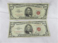 (2) GREAT 1957 RED SEAL $5 NOTES