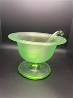 Green glass small pedestal bowl & ladle