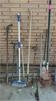 MISC TOOLS- GRABBERS- BROOMS- HOE- BARN DRILL-