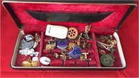 Jewelry box of cufflinks, military pins, other