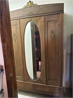 Antique Oak & Brass Wardrobe with oval mirror