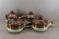 4 Vtg Brown/ Tan Stoneware French Onion Soup Bowls