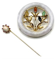 14K Yel. Gold Multi-Color Jade Brooch & Fire Opal