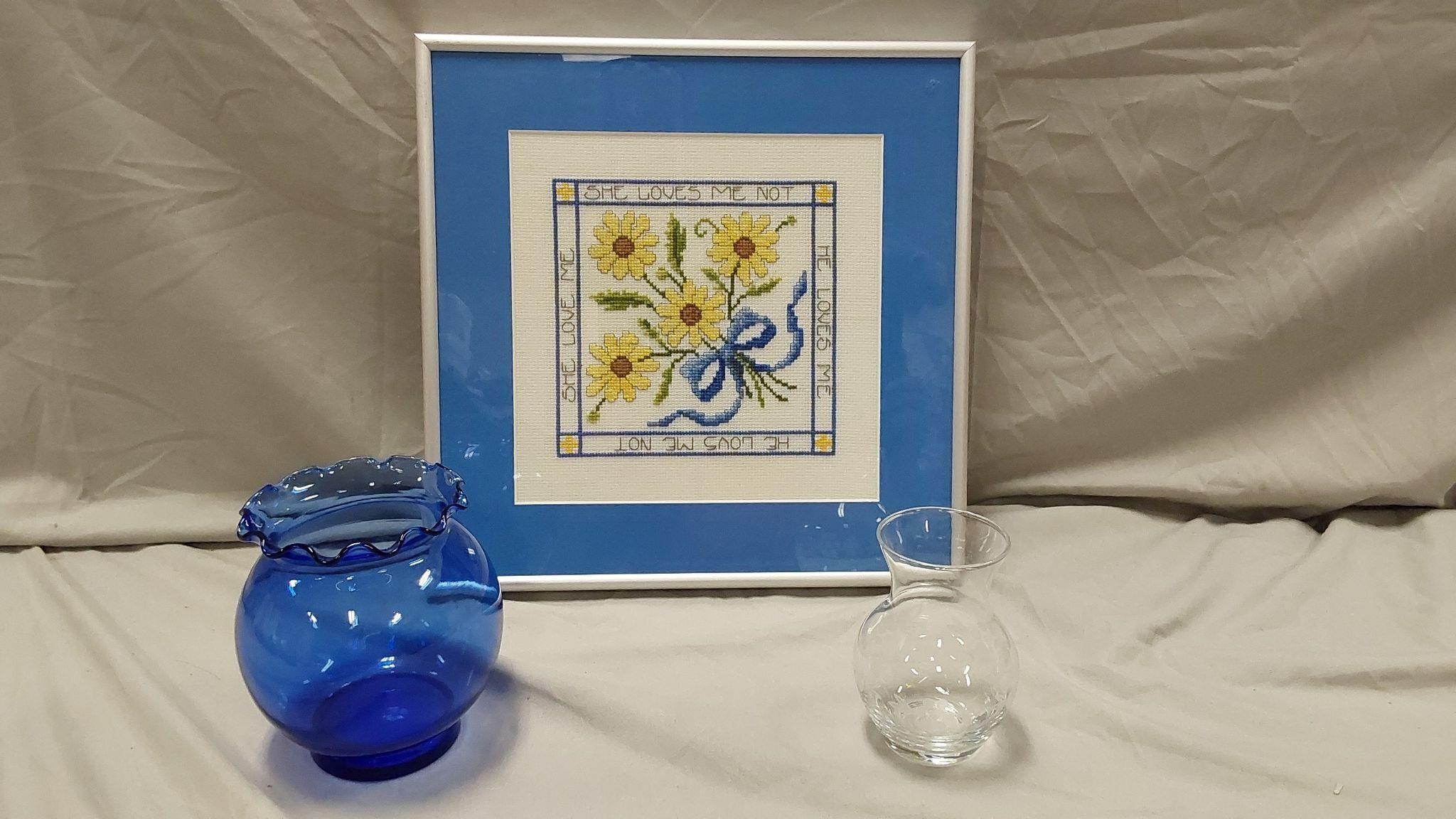 Cross stitch framed art & vases