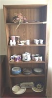BOOK SHELF AND CONTENTS- MUGS, GLASSWARE, DISHES,