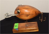 Large Handmade Wooden Fishing Lure on Stand