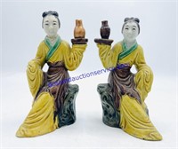 Pair of Chinese Mud Woman Figurines - One Neck