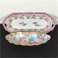 2 CELERY DISHES CONTINENTAL HAND PAINTED ROSES