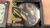 Lure cutting board, round thermometer, Heddon