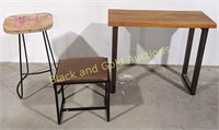 (3) Wood Top Table, Metal Bench & Painted Stool