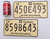 2 plaques d'immatriculation, Québec, 1978