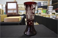 Bohemian ruby red to clear cut crystal vase 12"