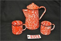 Orange & white granite coffee pot & cups