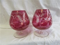 PAIR ETCHED RUBY BRANDY SNIFTERS 6"T