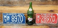 Two Vintage KS License Plates / Vess Cola Bottle