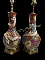 Pair Asian Porcelain Dragon Vase Lamps