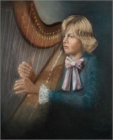 Pastel of Harp Player, Artist Signed.