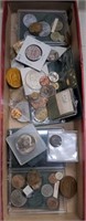 Box of old US and foreign coins medals tokens etc